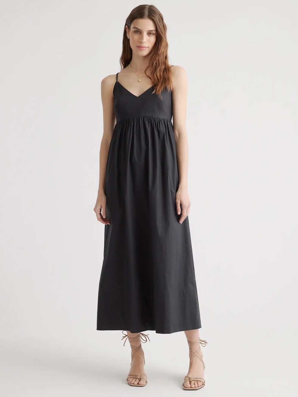 Quince Organic Cotton Black V-Neck Spaghetti Strap Maxi Dress sz Medium